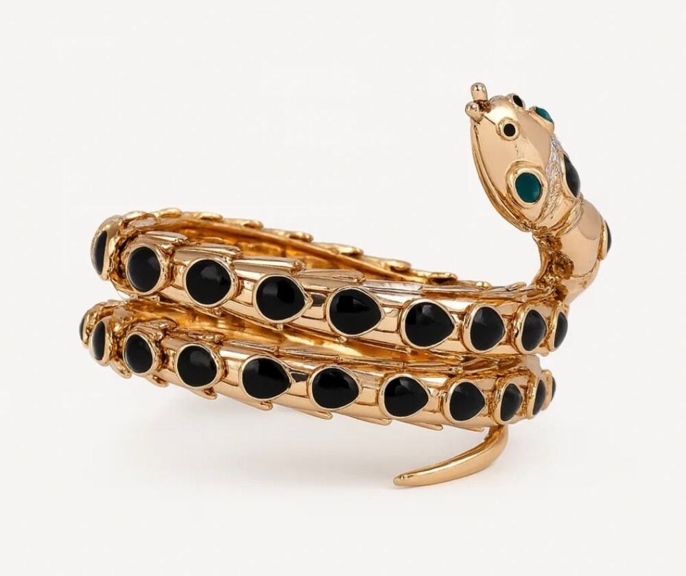 Snake Serpent Layered Bangle Bracelet Rhinestone Gold Black